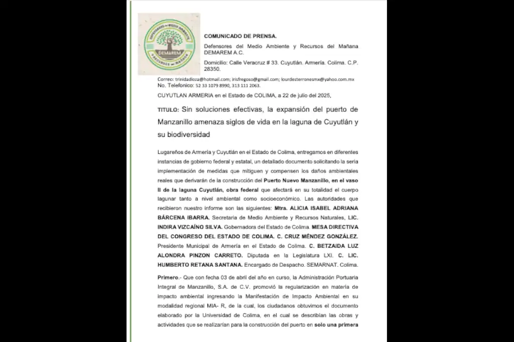 Defensores del Medio Ambiente y Recursos del Mañana (Demarem) ataca al proyecto Puerto Nuevo Manzanillo y dice NO al crecimiento en Colima.